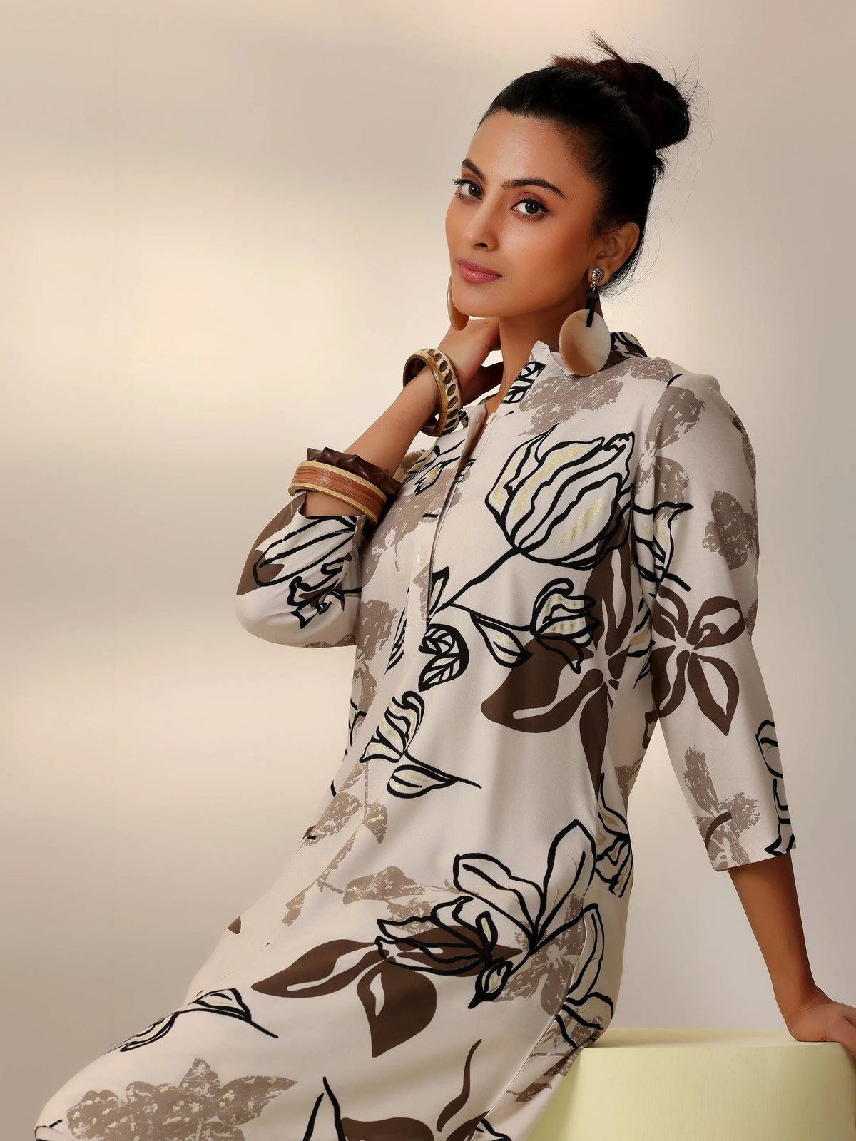 Libas Beige Printed Rayon Co-Ords