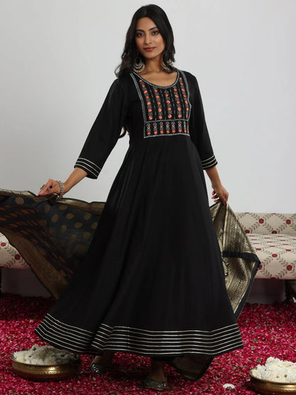 Libas Black Yoke Design Rayon Anarkali Suit With Dupatta