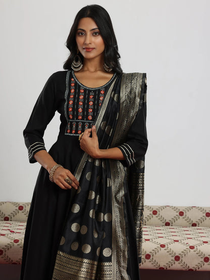 Libas Black Yoke Design Rayon Anarkali Suit With Dupatta