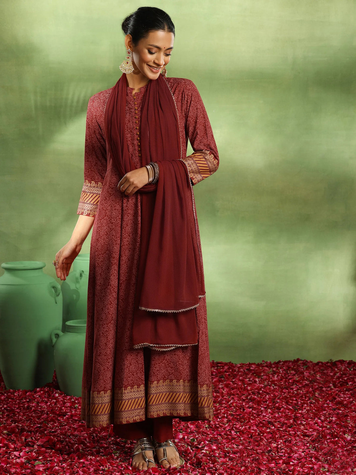 Libas Maroon Printed Rayon Anarkali Suit With Dupatta