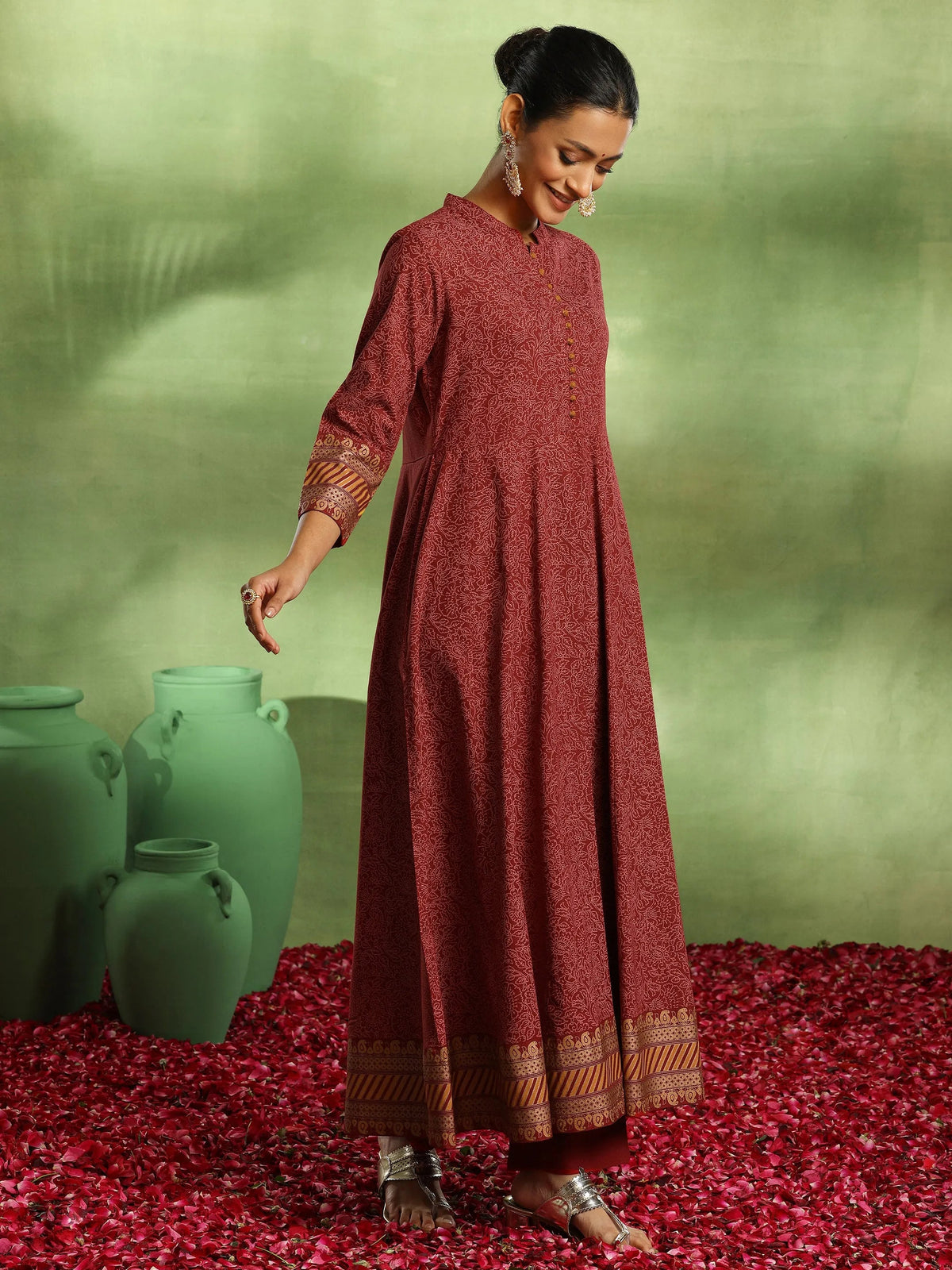 Libas Maroon Printed Rayon Anarkali Suit With Dupatta