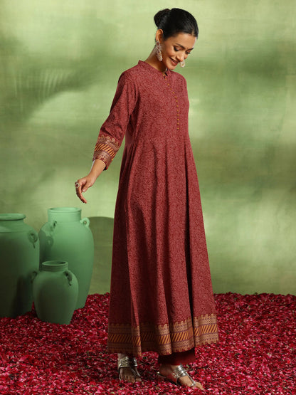 Libas Maroon Printed Rayon Anarkali Suit With Dupatta