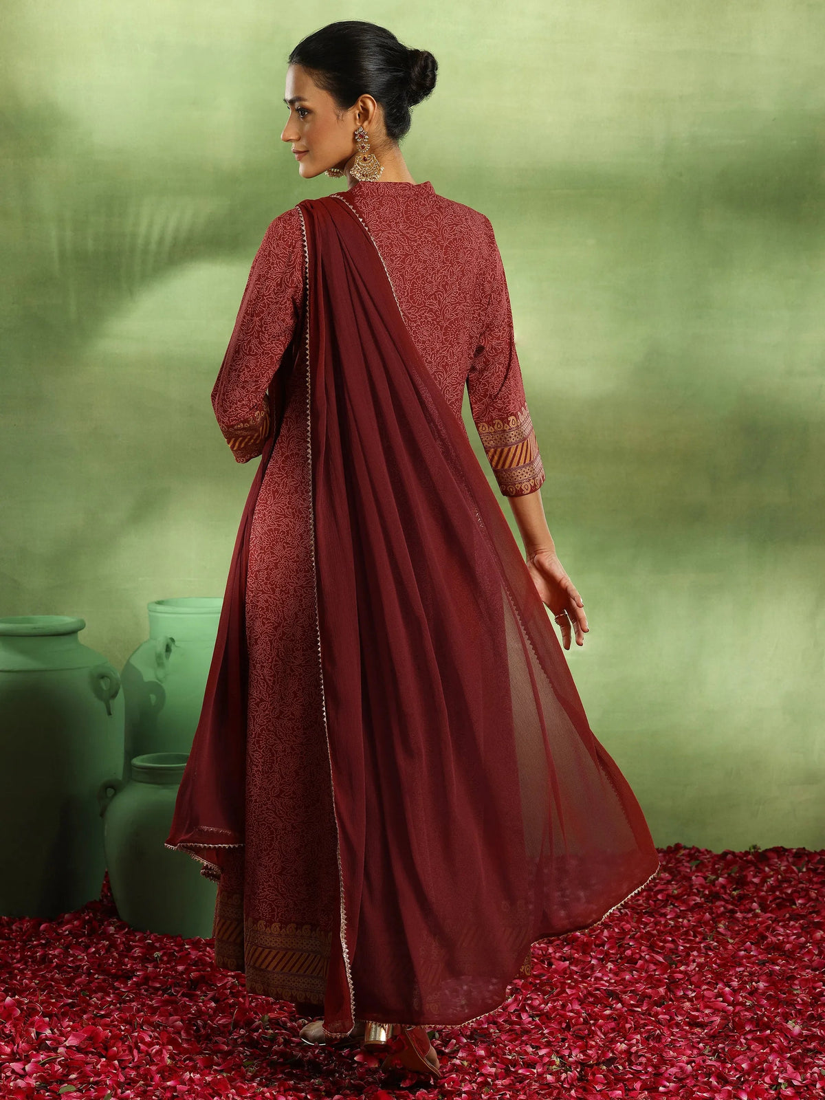Libas Maroon Printed Rayon Anarkali Suit With Dupatta