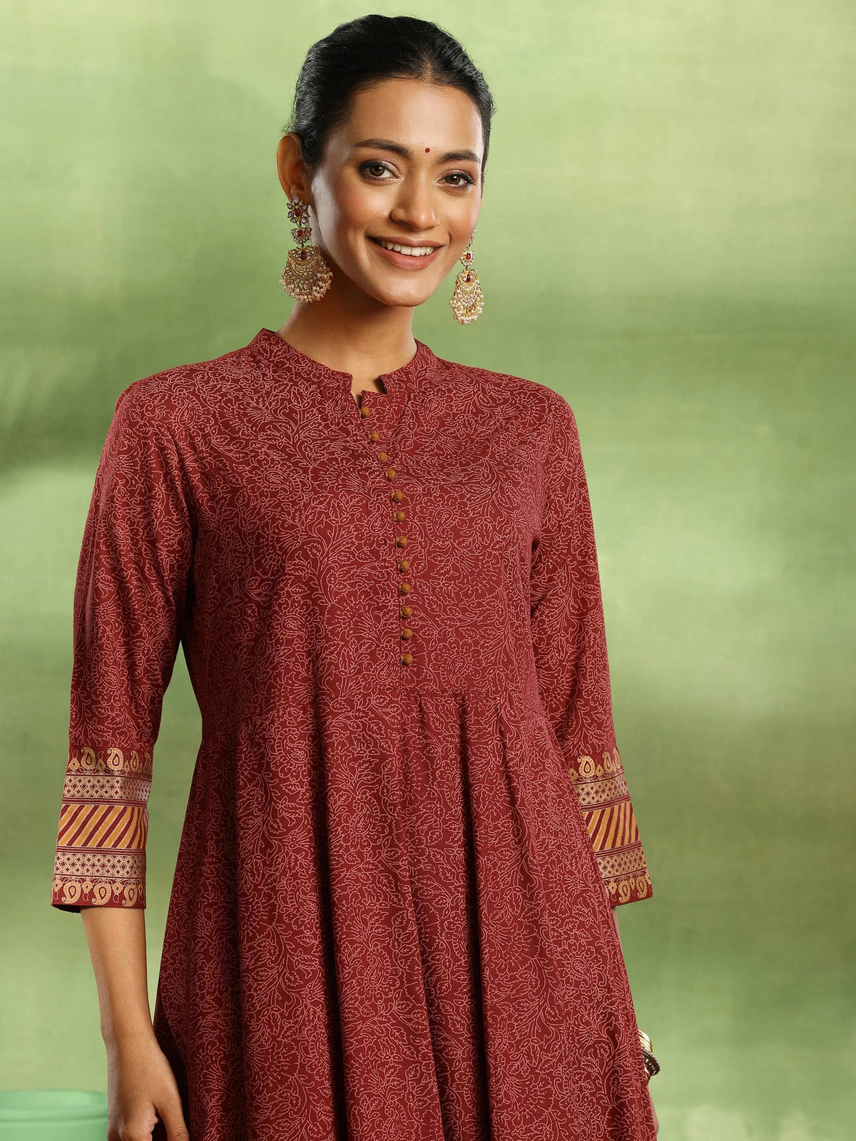 Libas Maroon Printed Rayon Anarkali Suit With Dupatta