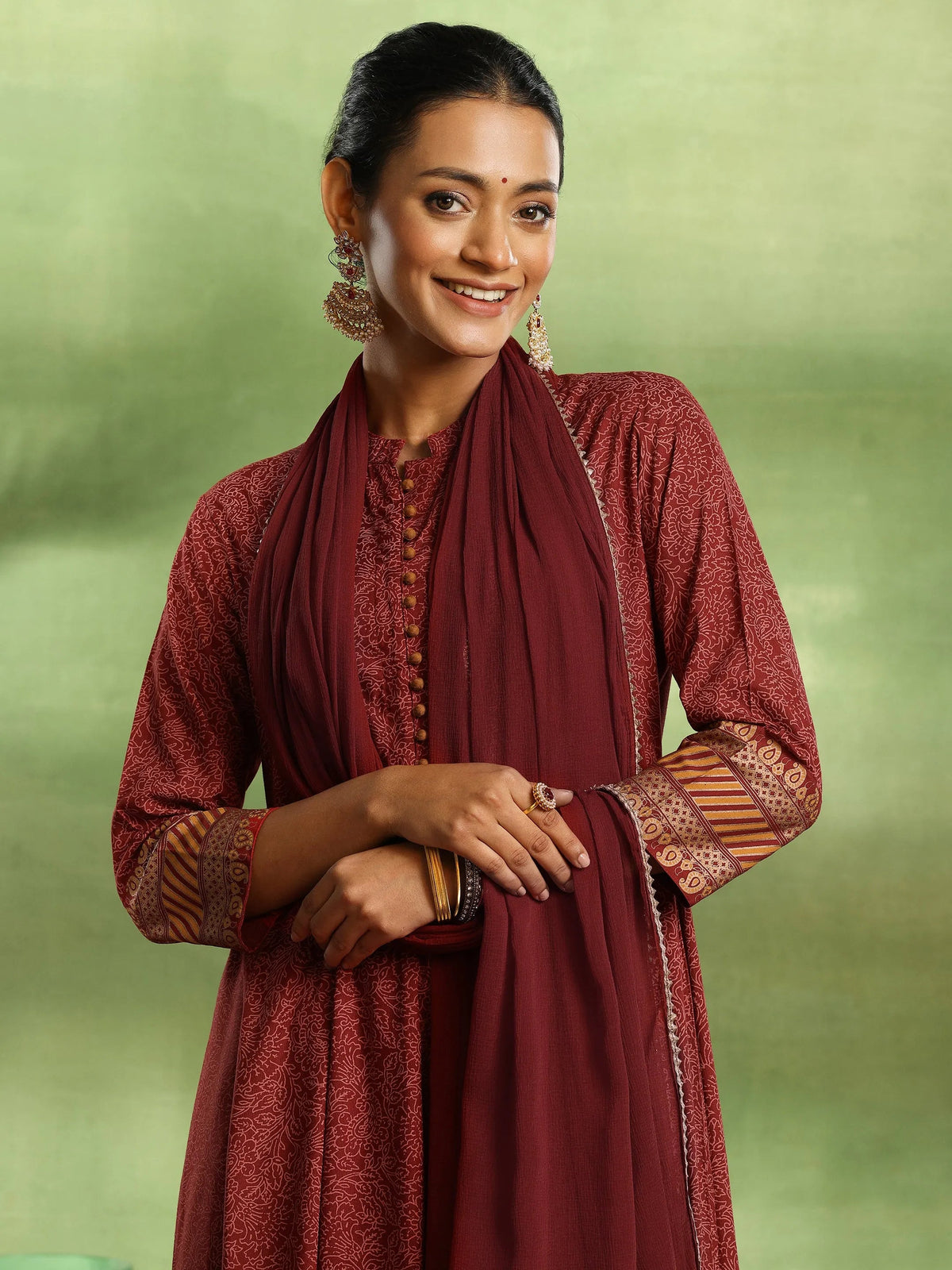 Libas Maroon Printed Rayon Anarkali Suit With Dupatta