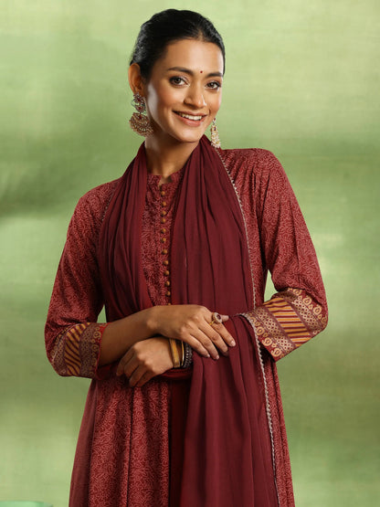 Libas Maroon Printed Rayon Anarkali Suit With Dupatta