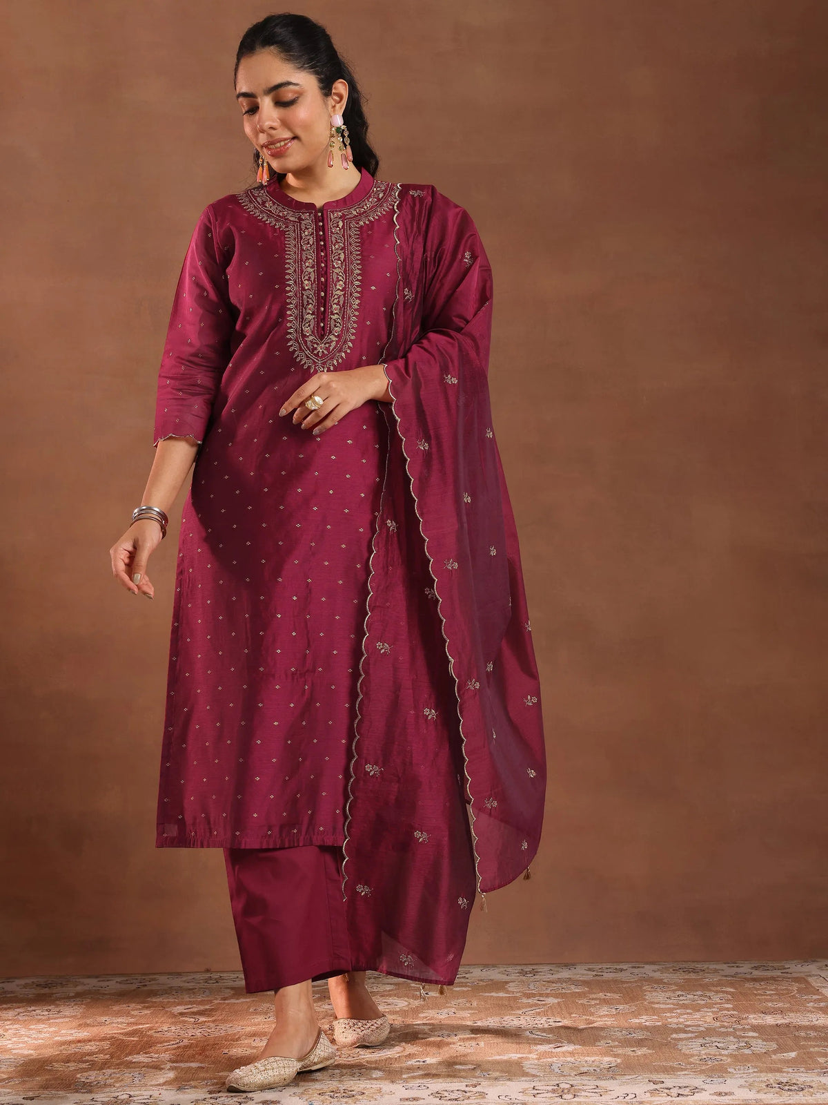 Libas Maroon Woven Design Chanderi Silk Straight Suit With Dupatta