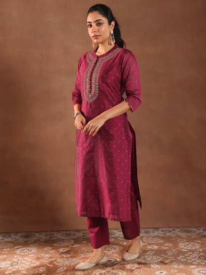 Libas Maroon Woven Design Chanderi Silk Straight Suit With Dupatta