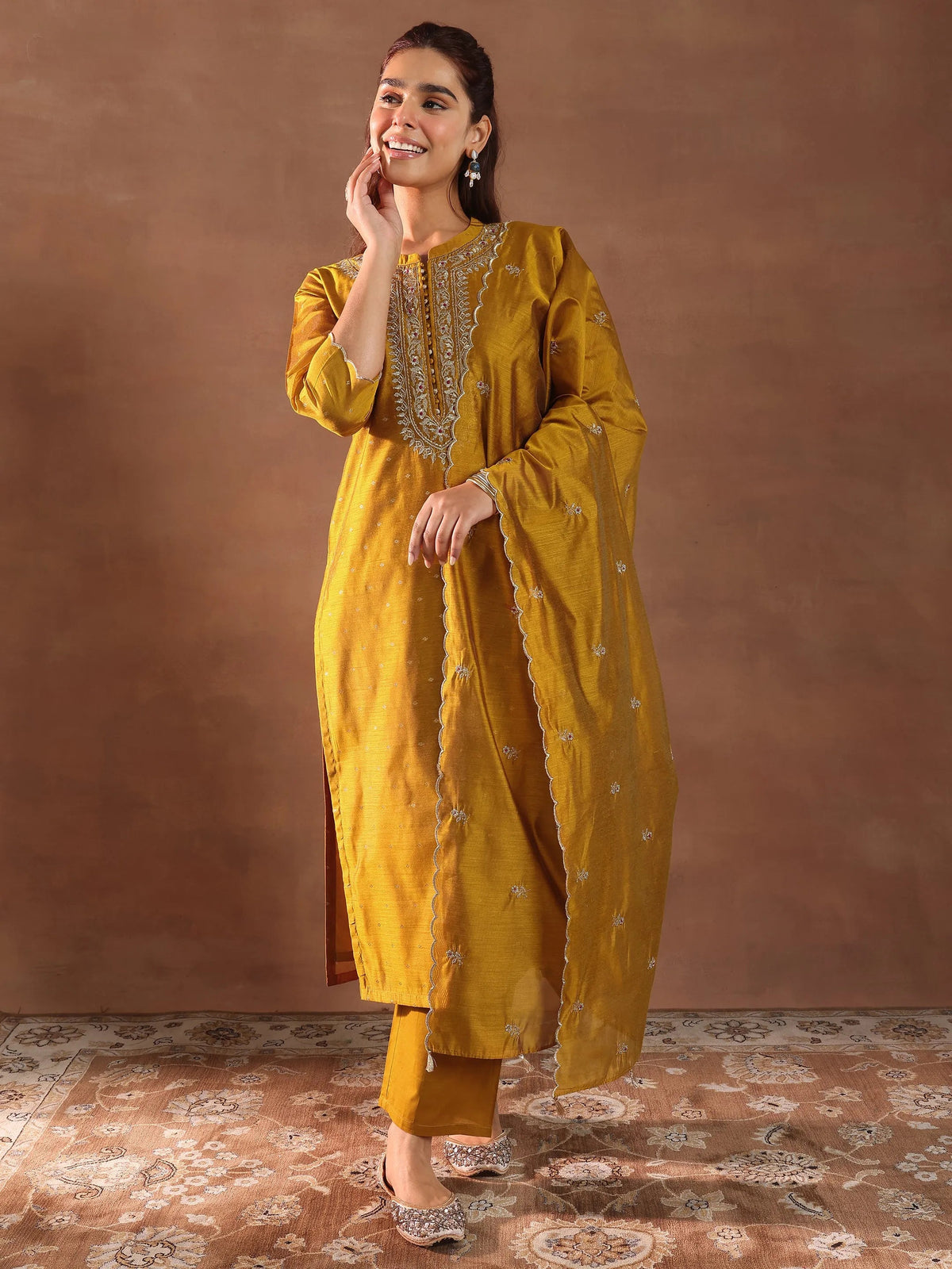 Libas Mustard Woven Design Chanderi Silk Straight Suit With Dupatta