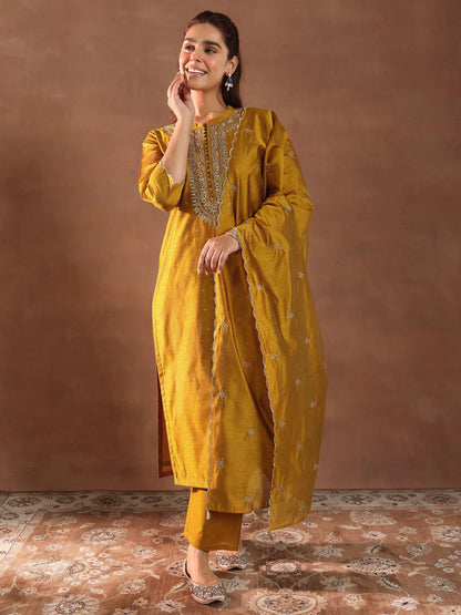 Libas Mustard Woven Design Chanderi Silk Straight Suit With Dupatta