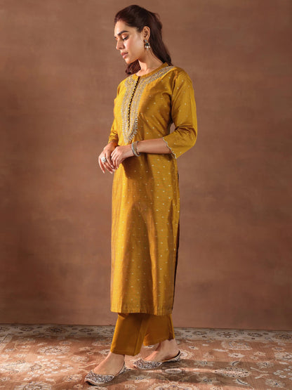 Libas Mustard Woven Design Chanderi Silk Straight Suit With Dupatta