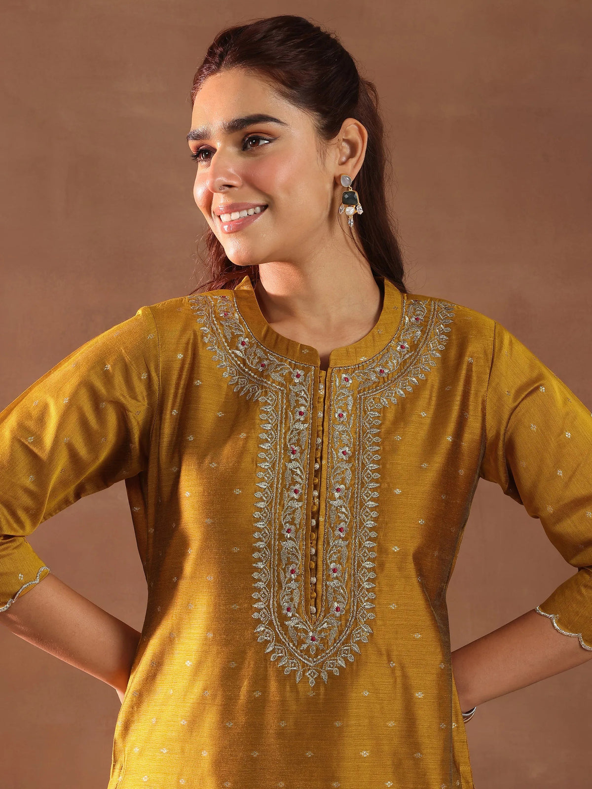 Libas Mustard Woven Design Chanderi Silk Straight Suit With Dupatta