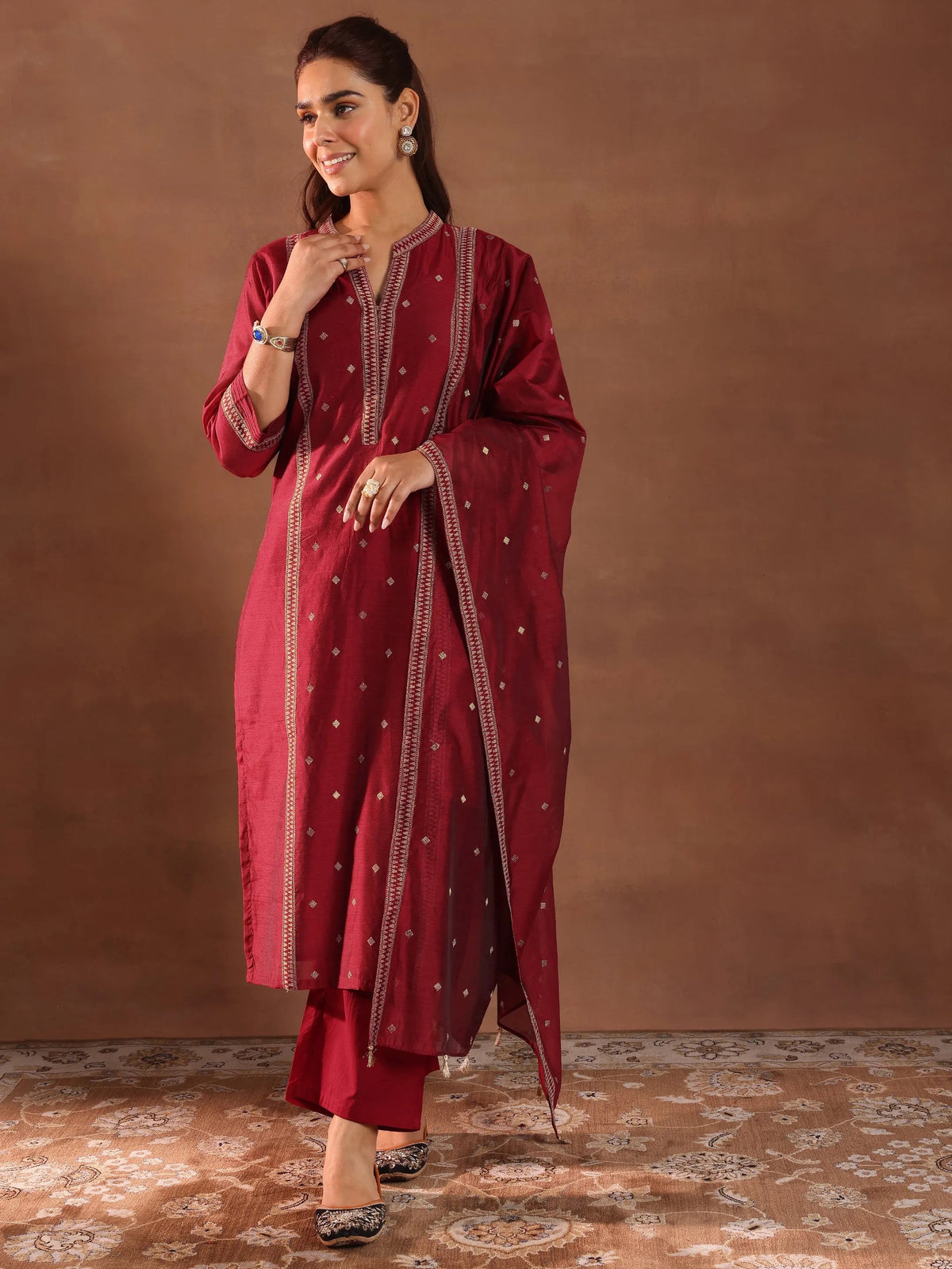 Libas Maroon Woven Design Chanderi Silk Straight Suit With Dupatta