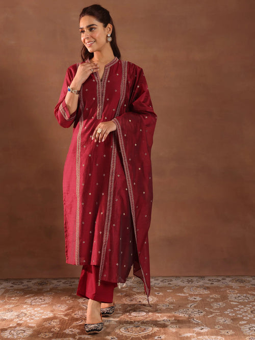 Libas Maroon Woven Design Chanderi Silk Straight Suit With Dupatta