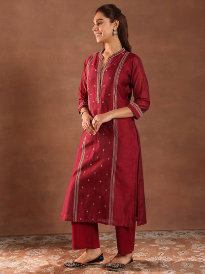 Libas Maroon Woven Design Chanderi Silk Straight Suit With Dupatta