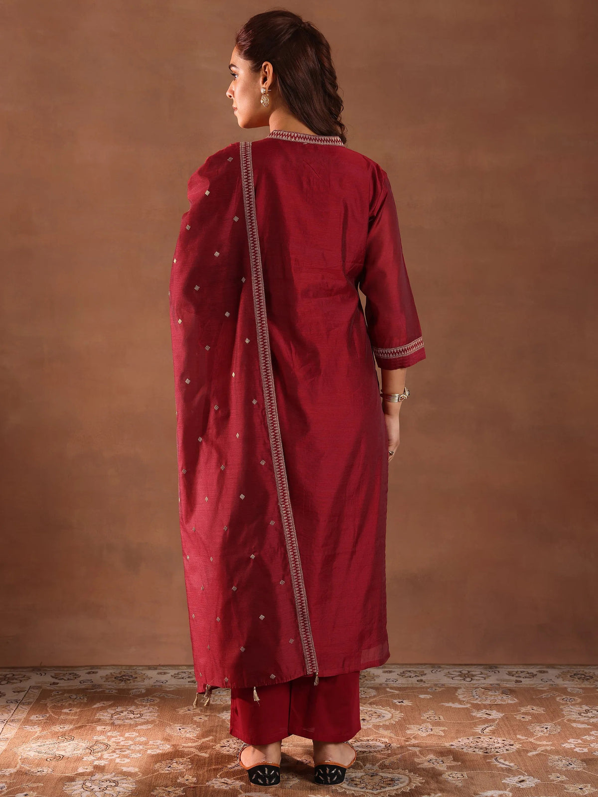 Libas Maroon Woven Design Chanderi Silk Straight Suit With Dupatta
