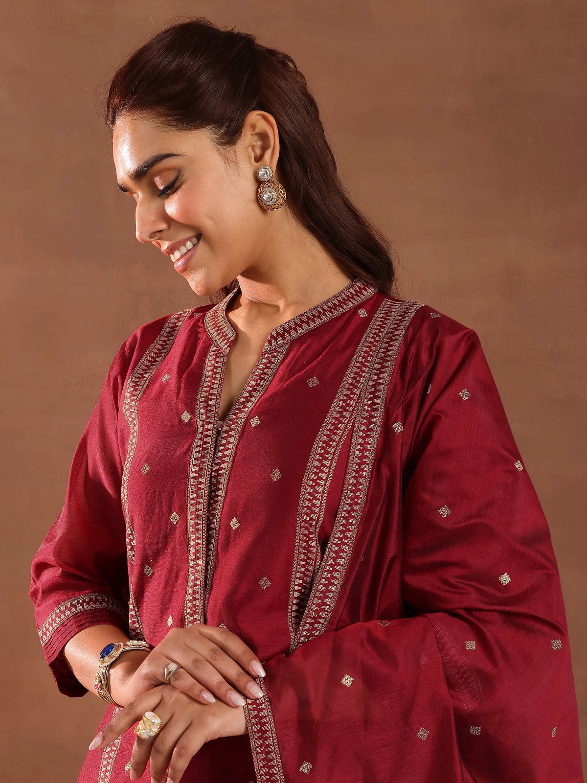 Libas Maroon Woven Design Chanderi Silk Straight Suit With Dupatta