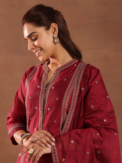 Libas Maroon Woven Design Chanderi Silk Straight Suit With Dupatta