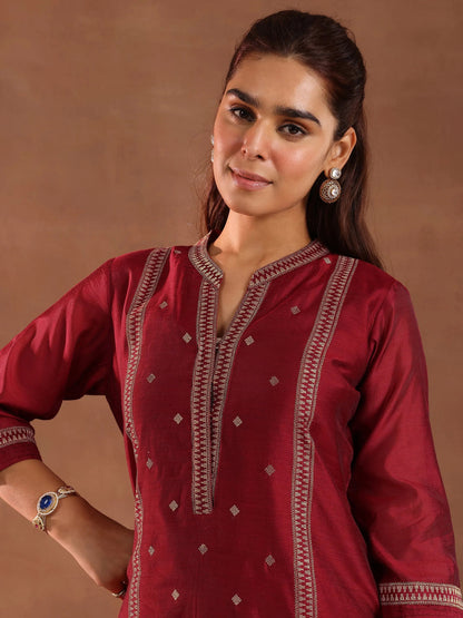 Libas Maroon Woven Design Chanderi Silk Straight Suit With Dupatta