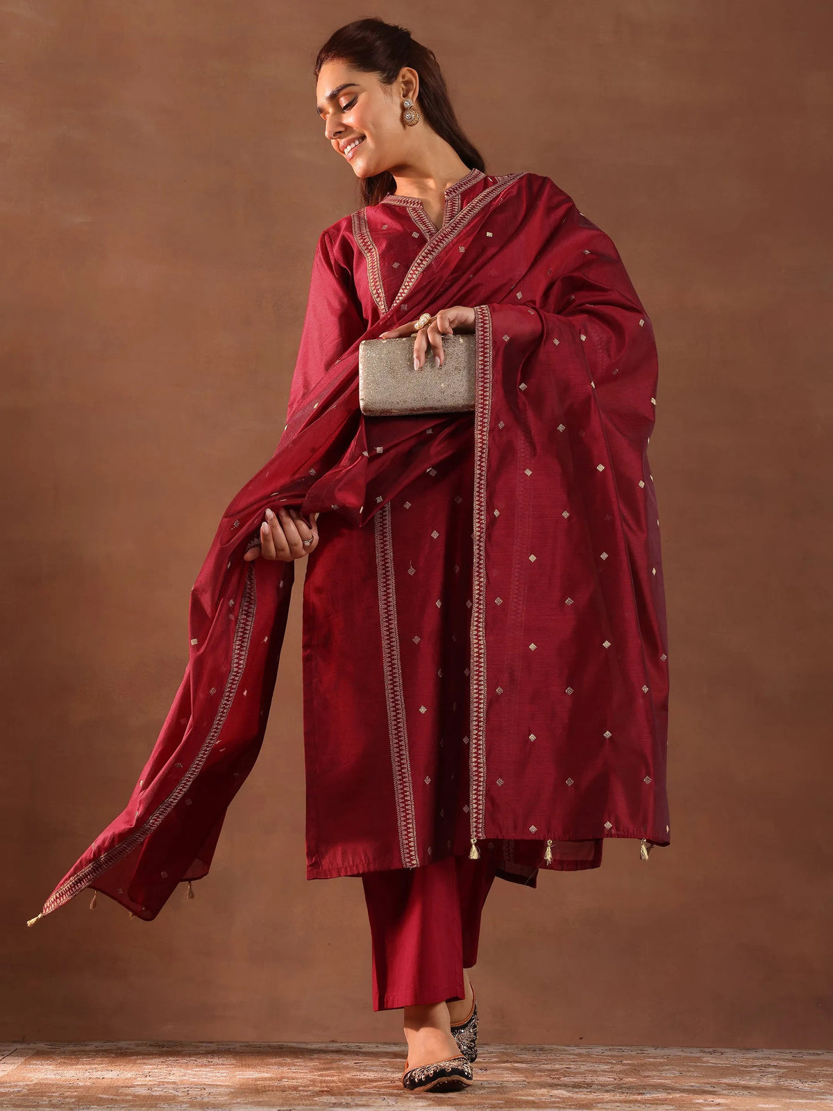 Libas Maroon Woven Design Chanderi Silk Straight Suit With Dupatta