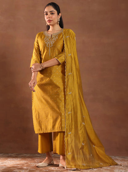 Libas Mustard Woven Design Chanderi Silk Straight Suit With Dupatta