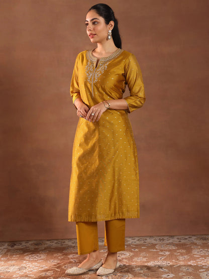Libas Mustard Woven Design Chanderi Silk Straight Suit With Dupatta