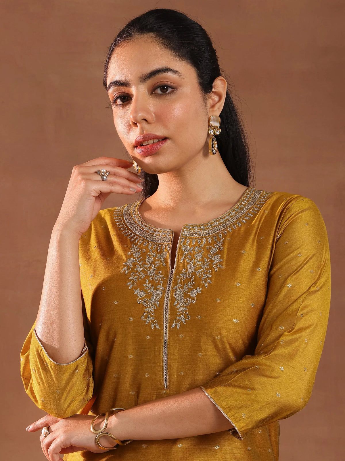 Libas Mustard Woven Design Chanderi Silk Straight Suit With Dupatta