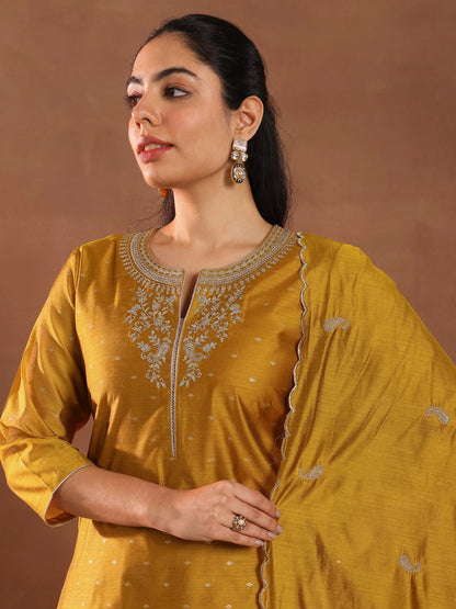 Libas Mustard Woven Design Chanderi Silk Straight Suit With Dupatta