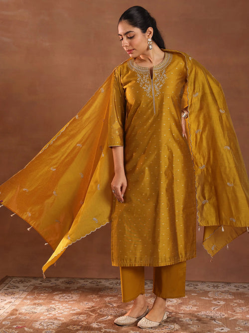 Libas Mustard Woven Design Chanderi Silk Straight Suit With Dupatta