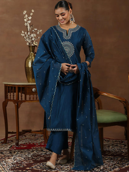 Libas Navy Blue Embroidered Chanderi Silk Straight Suit With Dupatta