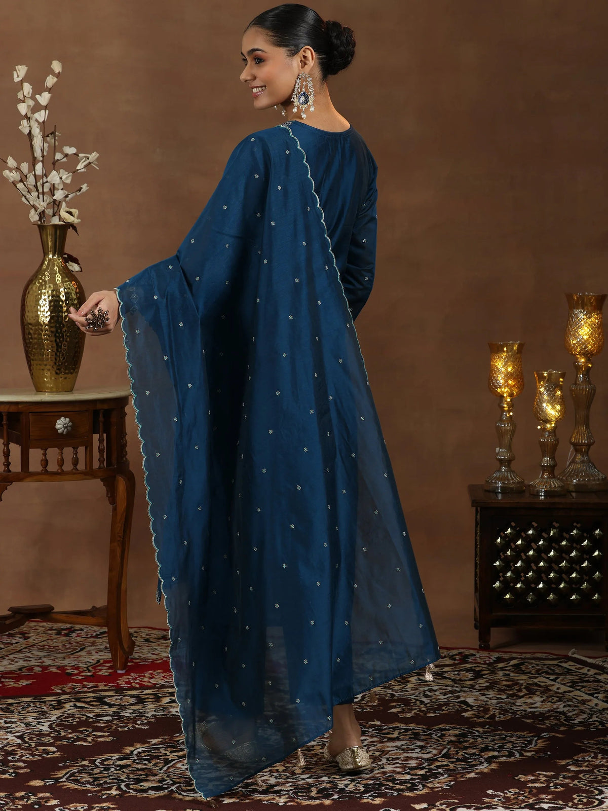 Libas Navy Blue Embroidered Chanderi Silk Straight Suit With Dupatta