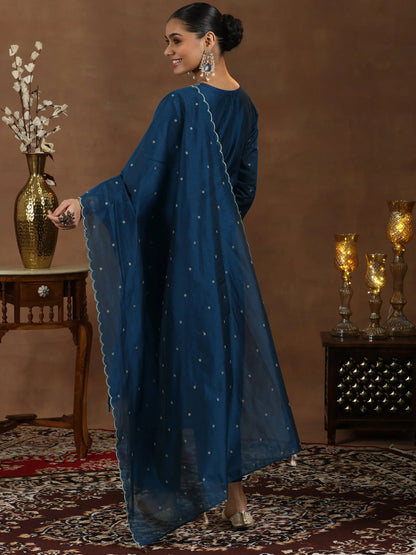Libas Navy Blue Embroidered Chanderi Silk Straight Suit With Dupatta