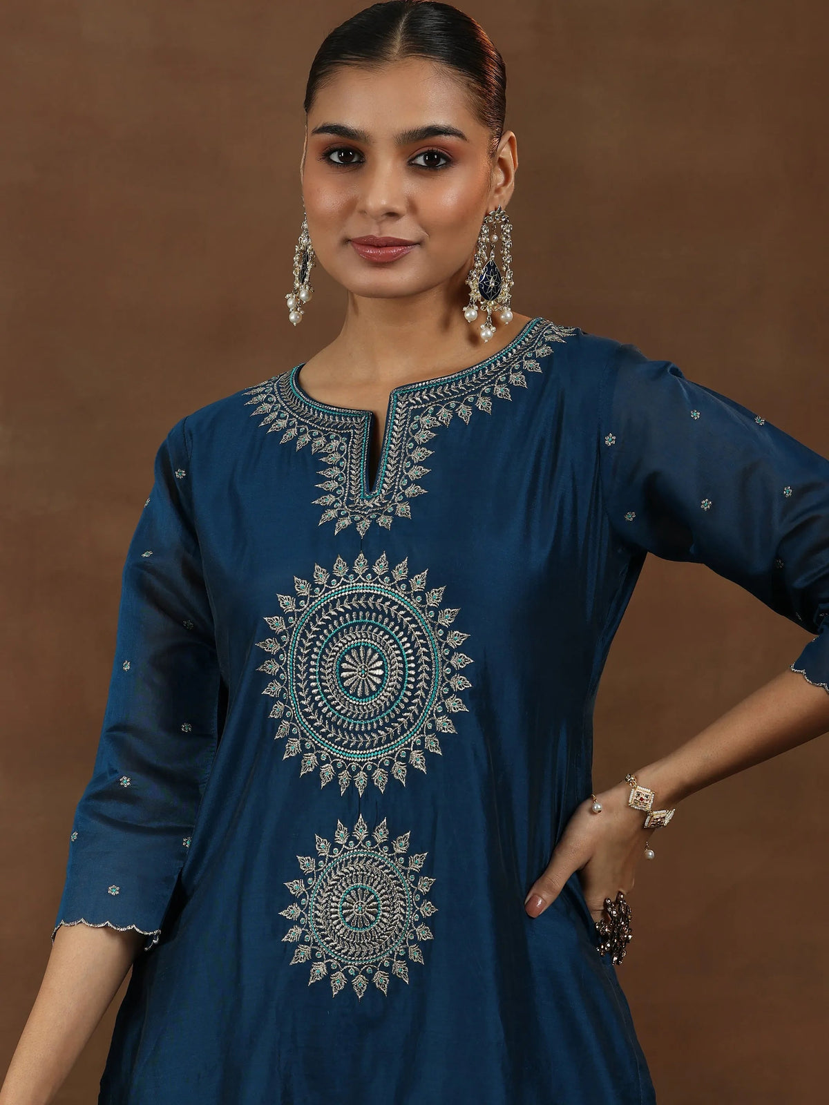 Libas Navy Blue Embroidered Chanderi Silk Straight Suit With Dupatta