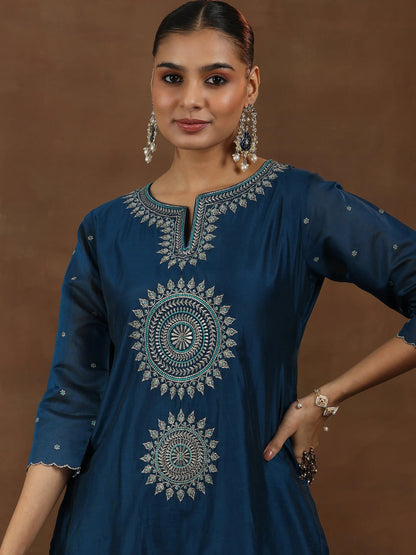 Libas Navy Blue Embroidered Chanderi Silk Straight Suit With Dupatta