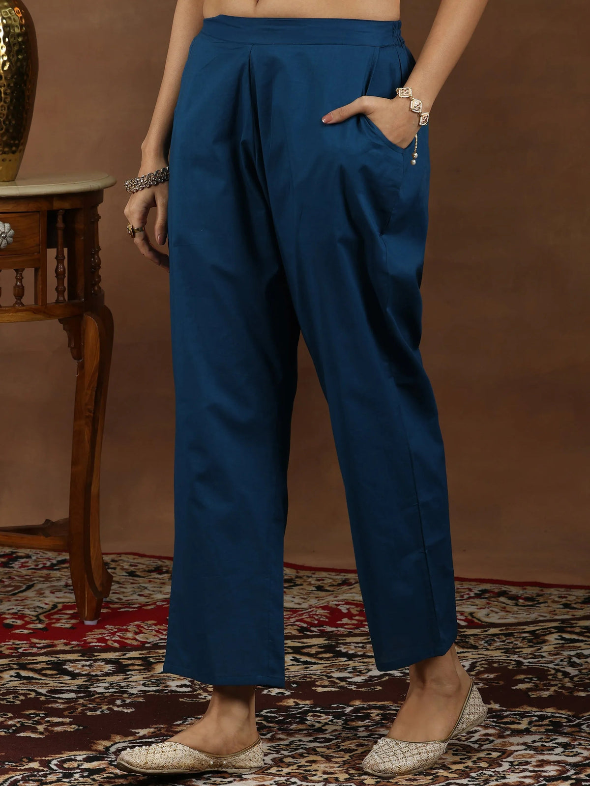 Libas Navy Blue Embroidered Chanderi Silk Straight Suit With Dupatta