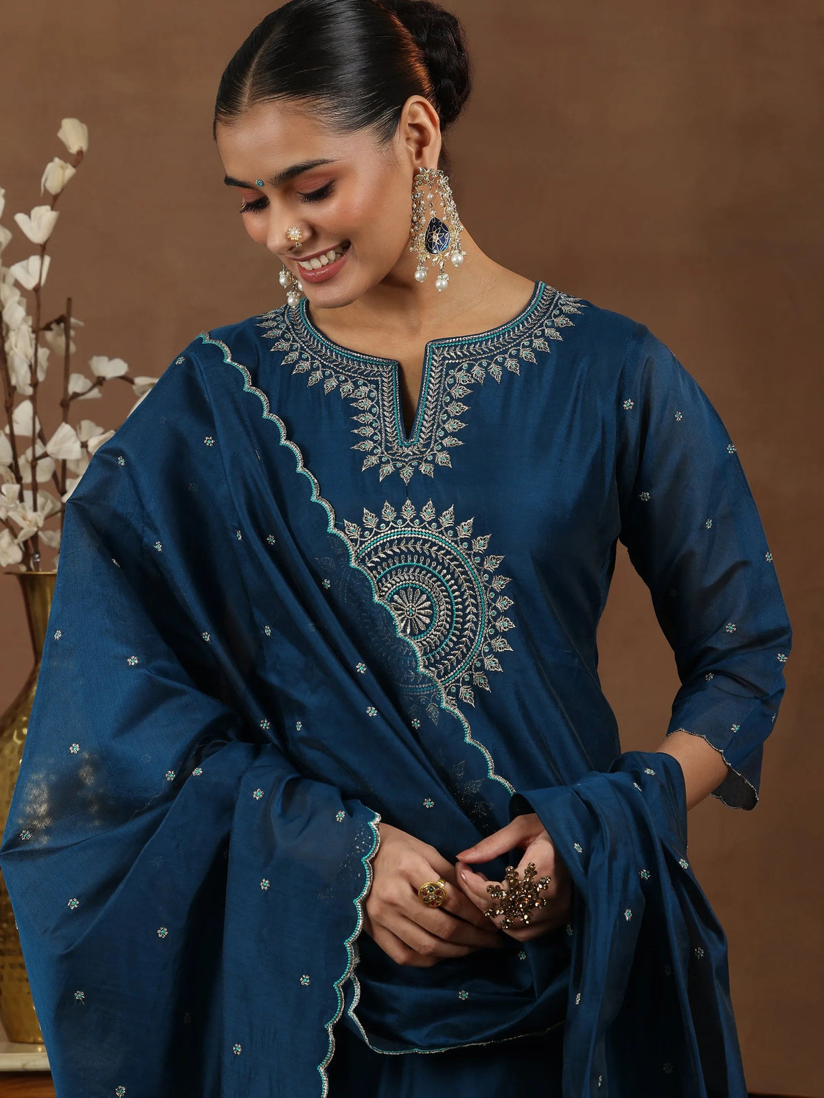 Libas Navy Blue Embroidered Chanderi Silk Straight Suit With Dupatta