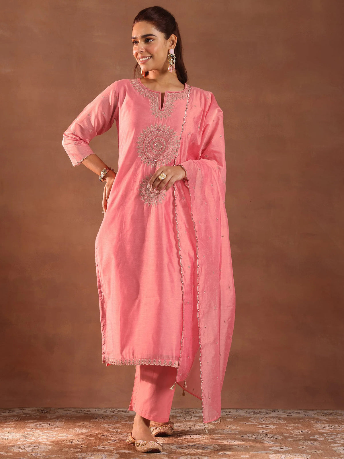 Libas Peach Embroidered Chanderi Silk Straight Suit With Dupatta