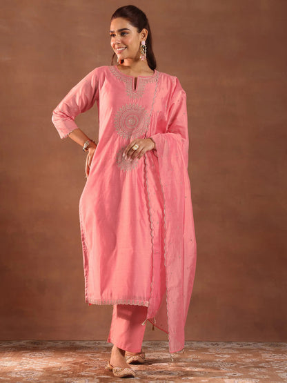 Libas Peach Embroidered Chanderi Silk Straight Suit With Dupatta