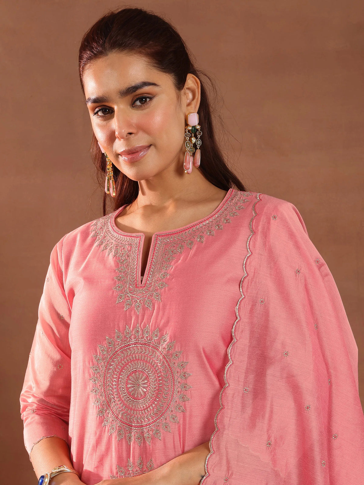 Libas Peach Embroidered Chanderi Silk Straight Suit With Dupatta