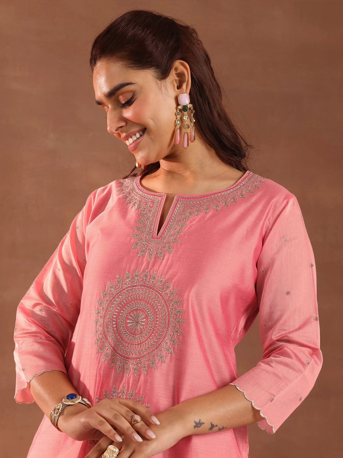 Libas Peach Embroidered Chanderi Silk Straight Suit With Dupatta