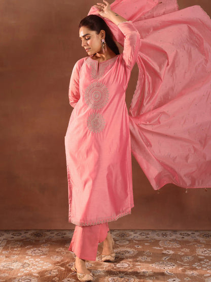 Libas Peach Embroidered Chanderi Silk Straight Suit With Dupatta