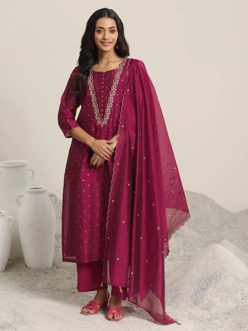 Libas Maroon Woven Design Chanderi Silk Straight Suit With Dupatta