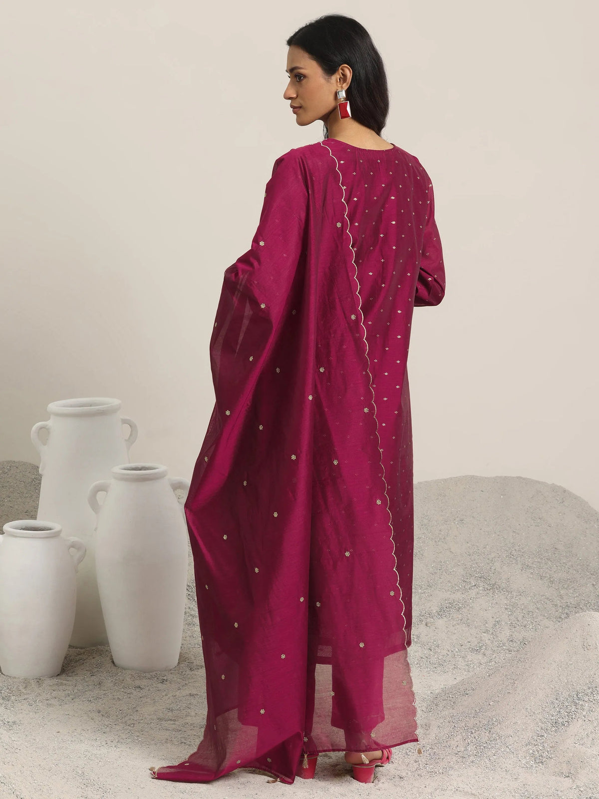 Libas Maroon Woven Design Chanderi Silk Straight Suit With Dupatta