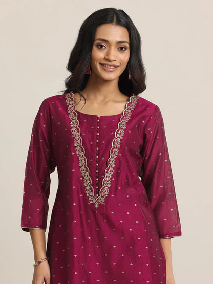 Libas Maroon Woven Design Chanderi Silk Straight Suit With Dupatta