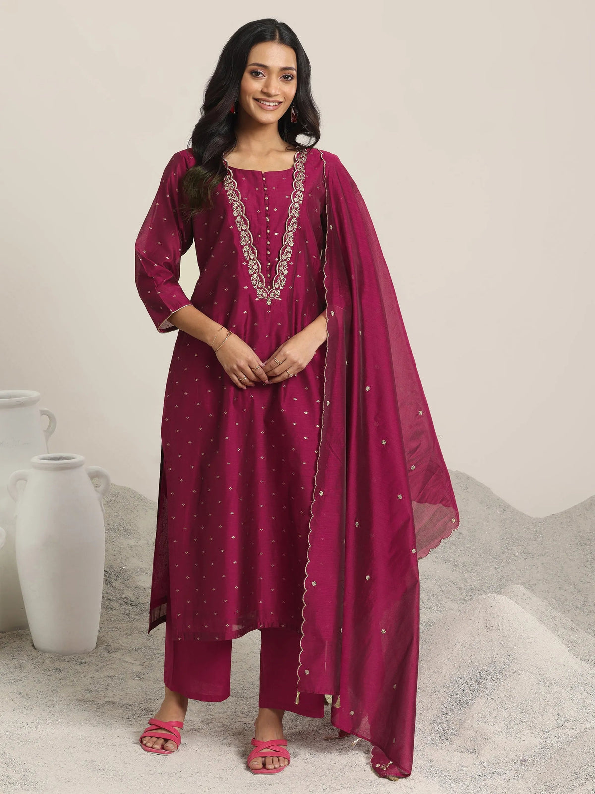 Libas Maroon Woven Design Chanderi Silk Straight Suit With Dupatta