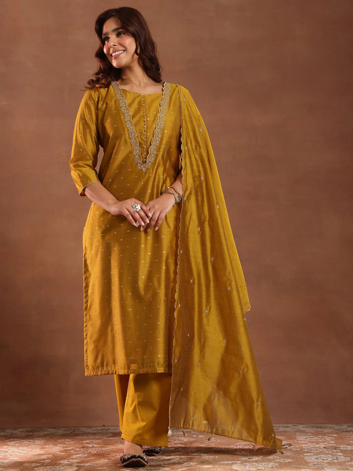 Libas Mustard Woven Design Chanderi Silk Straight Suit With Dupatta