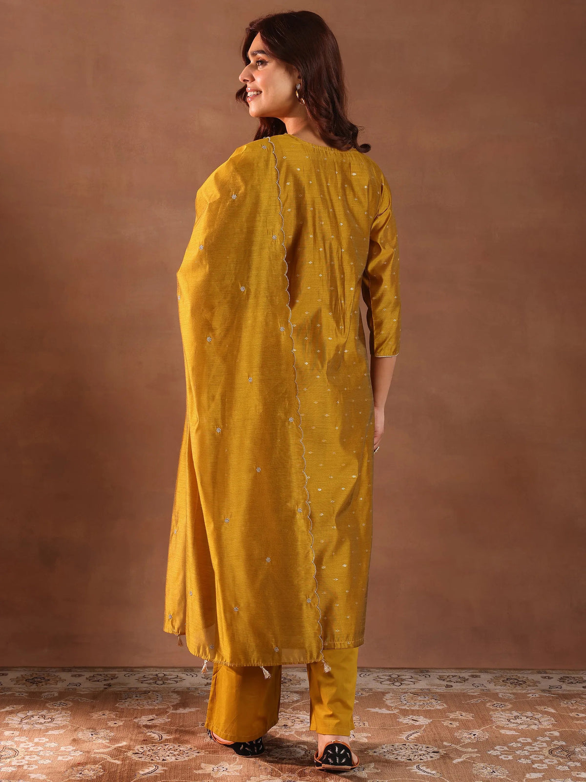 Libas Mustard Woven Design Chanderi Silk Straight Suit With Dupatta
