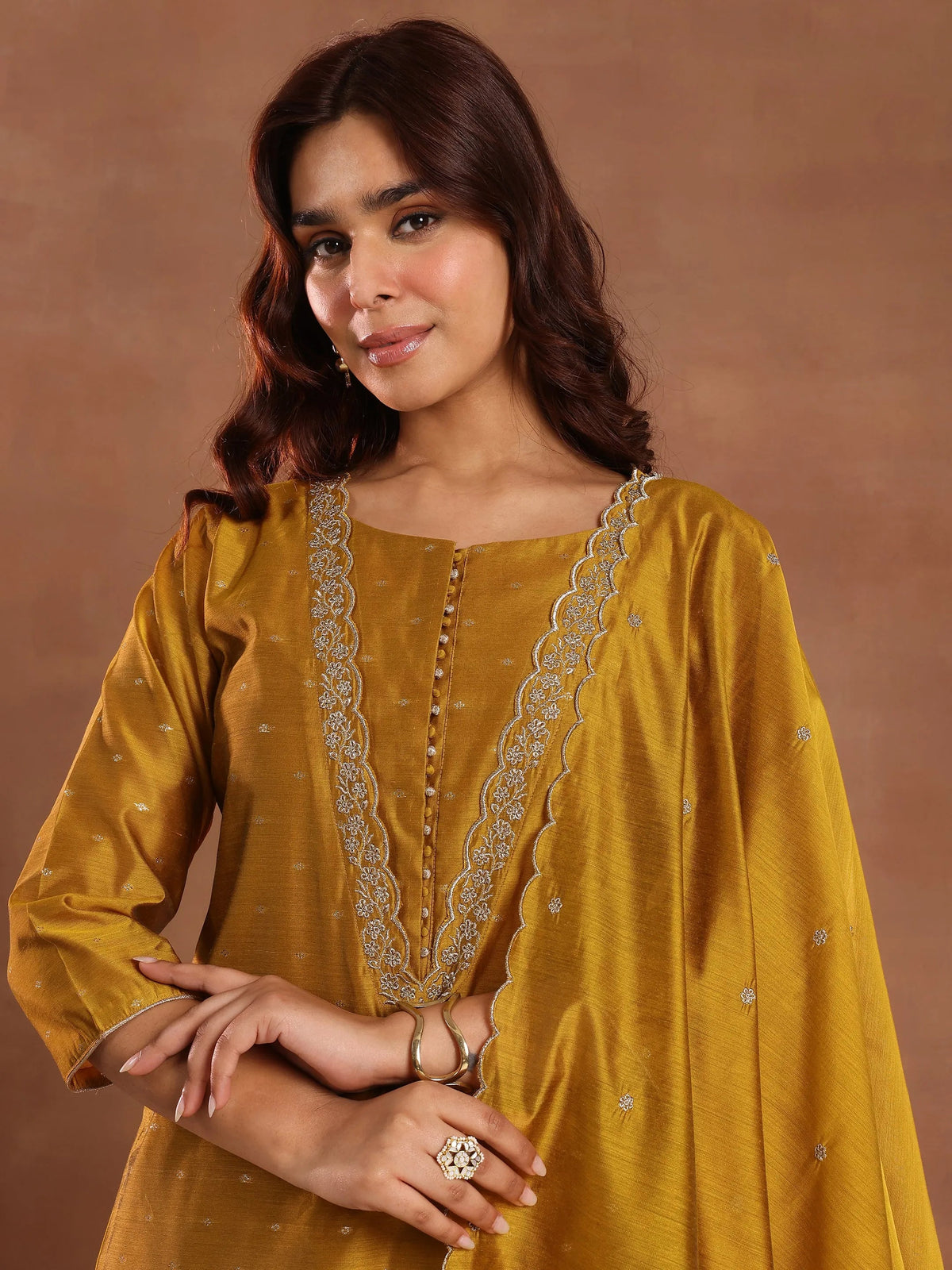 Libas Mustard Woven Design Chanderi Silk Straight Suit With Dupatta