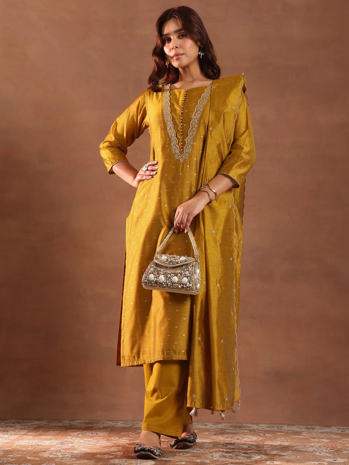 Libas Mustard Woven Design Chanderi Silk Straight Suit With Dupatta