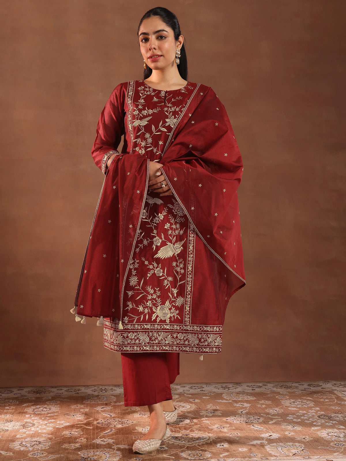 Libas Maroon Embroidered Chanderi Silk Straight Suit With Dupatta